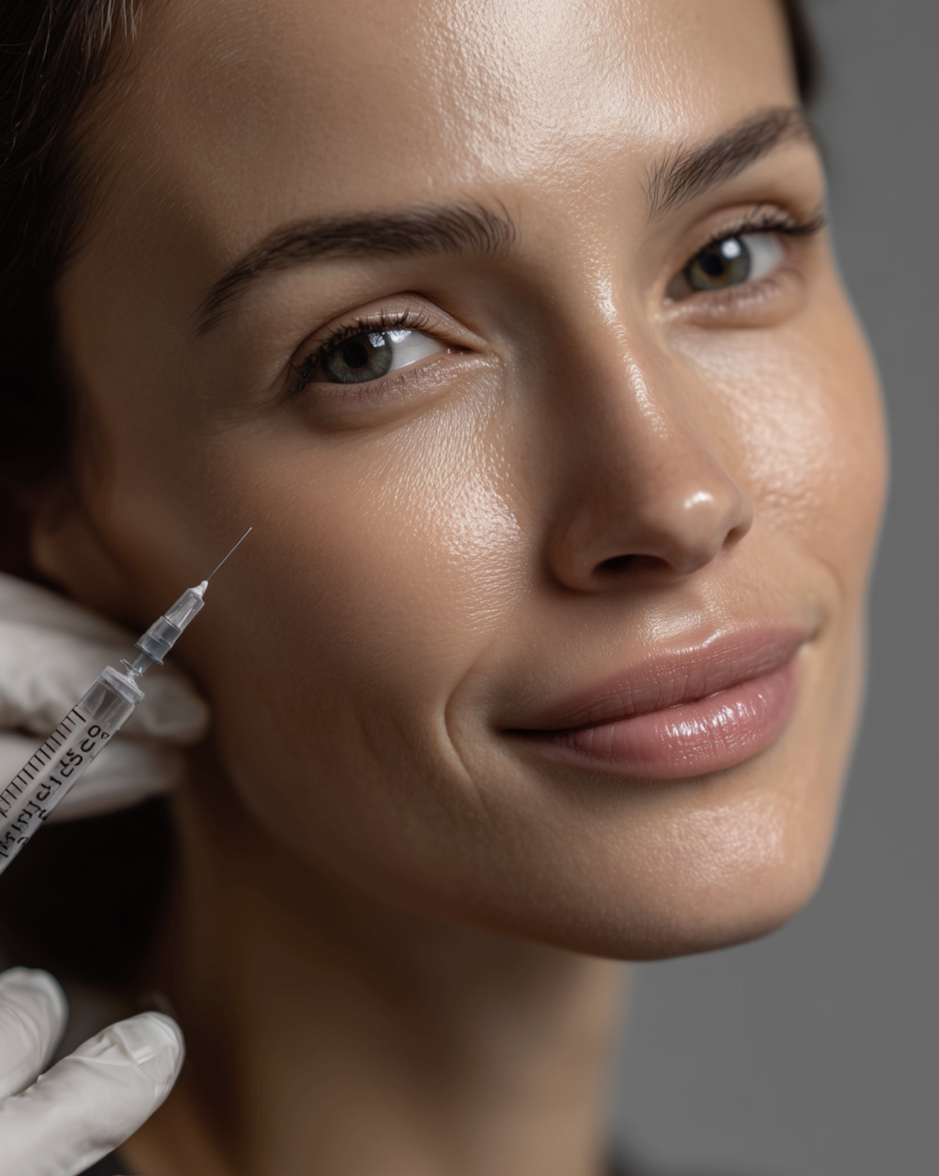 Close-up of a smiling woman with light brown hair getting an injection near her right eye from a medical professional wearing white gloves.