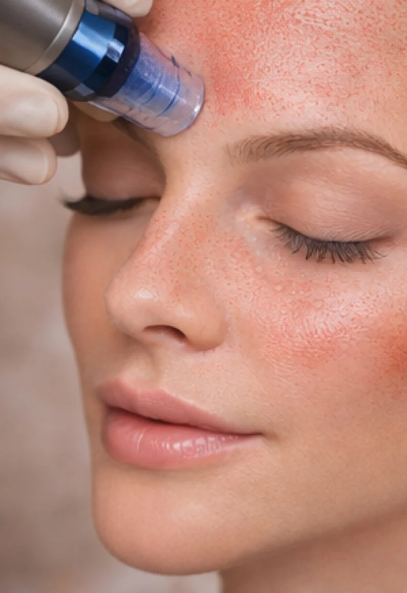 A person with closed eyes having a cosmetic procedure on their forehead with a small device, showing clear skin and pink cheeks.