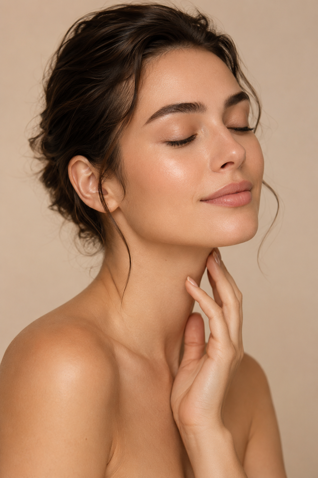 A young woman with closed eyes and a gentle smile, touching her neck with her hand, against a neutral background.