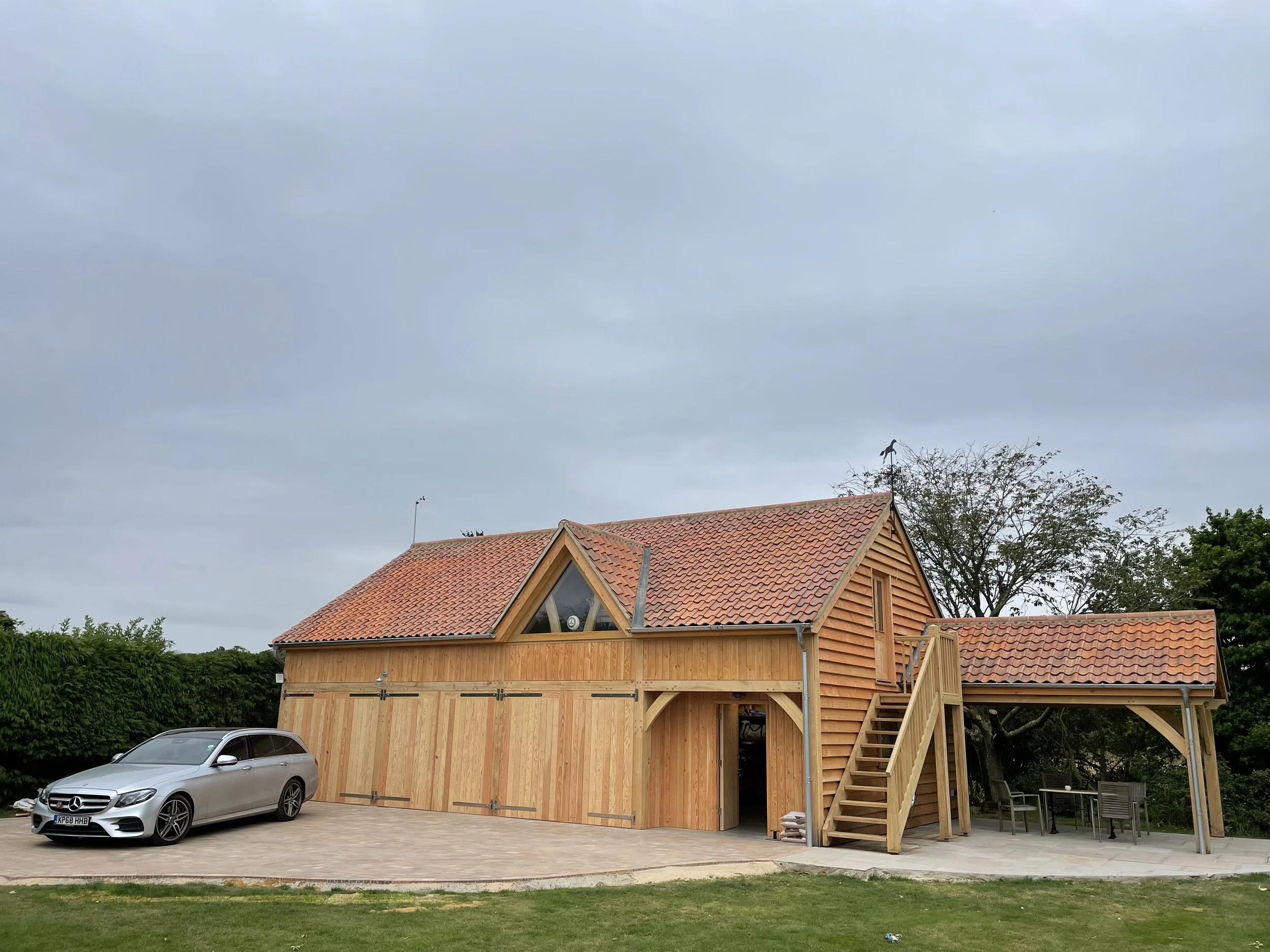 Oak frame garage douglas fir boarding