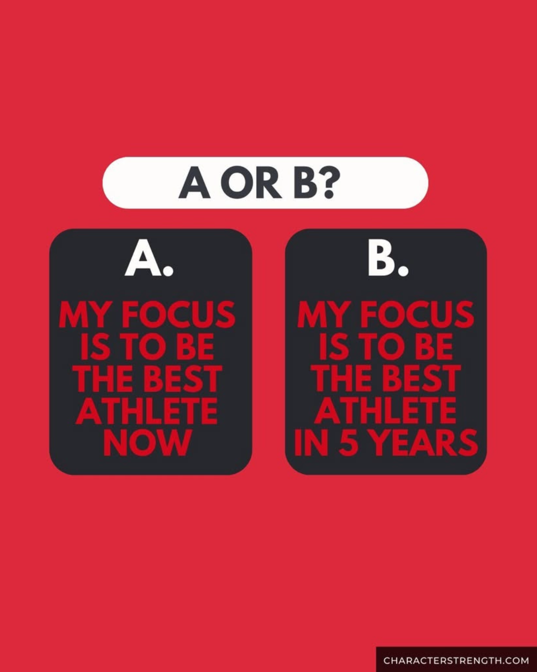 A red background with a quiz question asking 'A or B?' and two options: A. 'My focus is to be the best athlete now' and B. 'My focus is to be the best athlete in 5 years'.