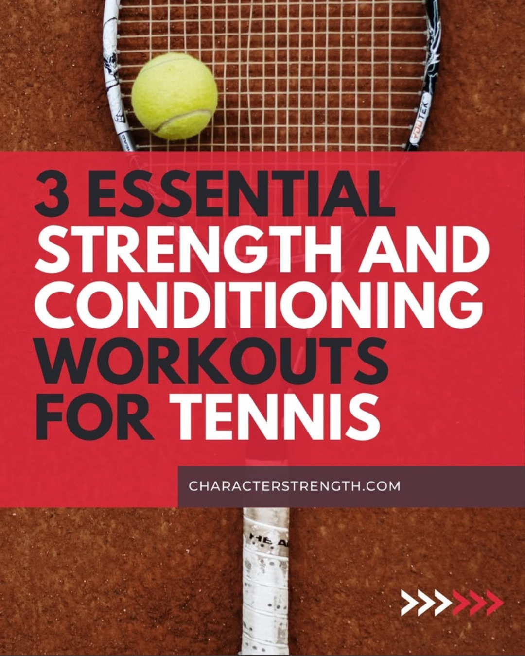 A tennis ball resting on a tennis racket on a clay tennis court with a red overlay text advertising core workouts for tennis.