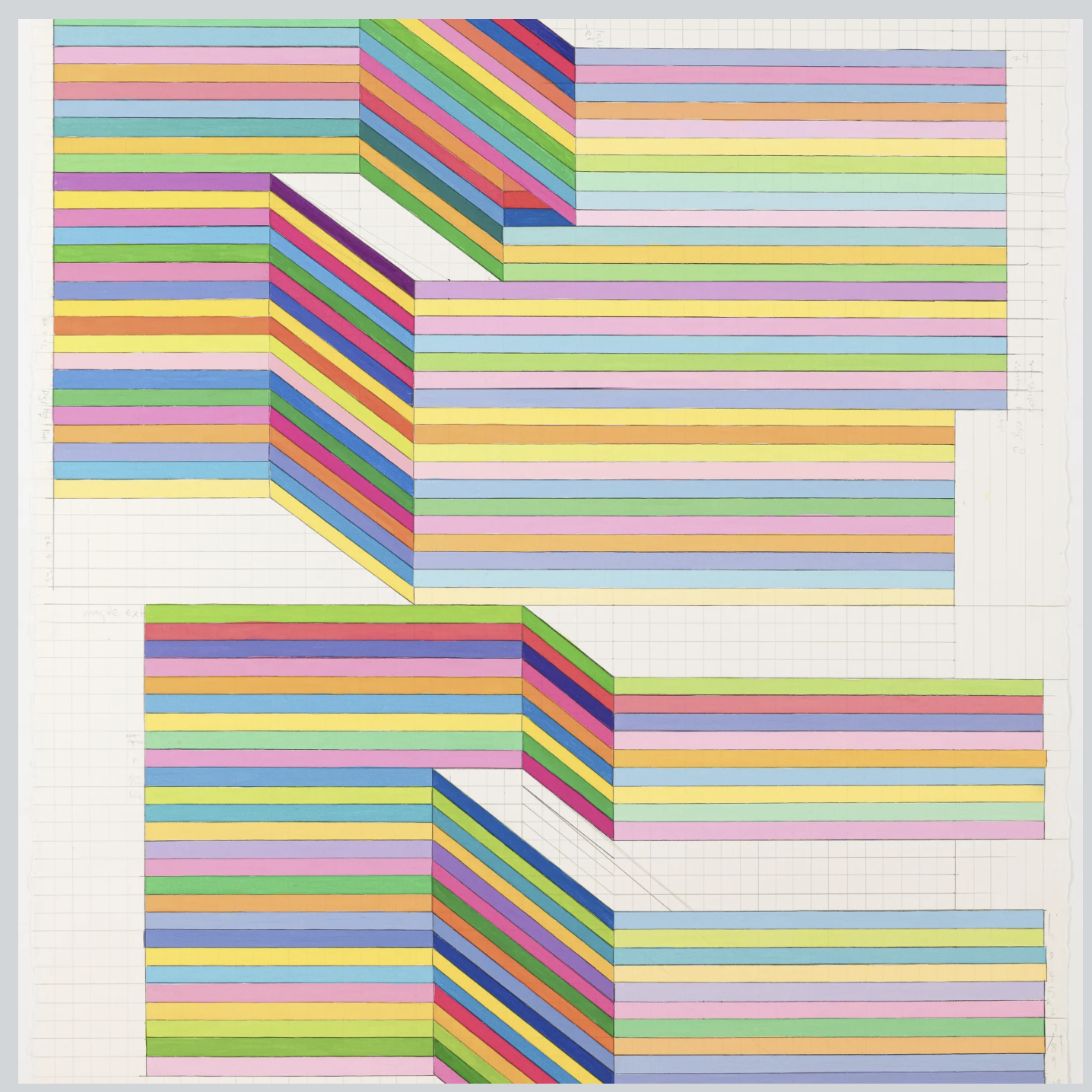 Color-coded chart with layered horizontal colored stripes on graph paper, showing graphical representations of data.