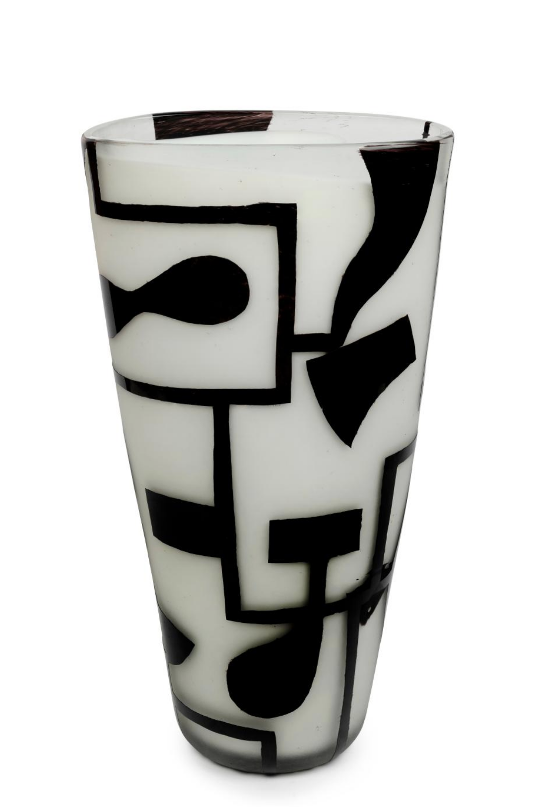 A tall ceramic vase with black abstract geometric patterns on a white background.