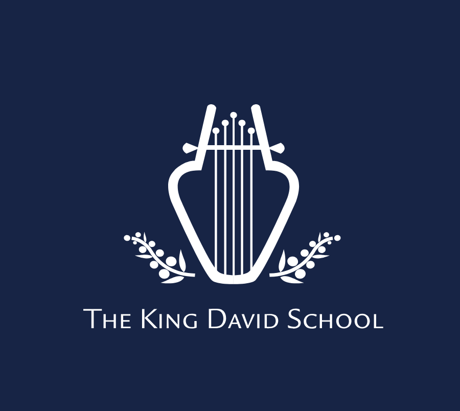 A white illustration of a harp with decorative leaves on a dark blue background, with the text "The King David School" below.