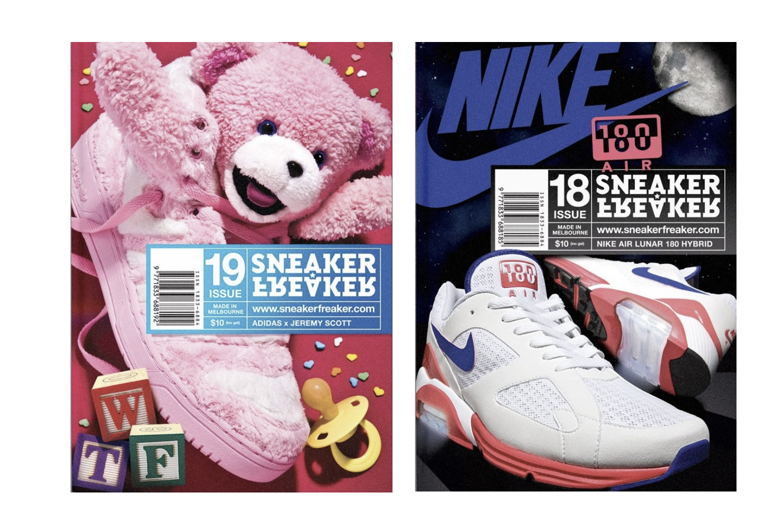 Magazine covers featuring sneakers and toys. The left cover shows a pink teddy bear with pink sneakers and alphabet blocks spelling 'WTF' on a pink background. The right cover displays Nike sneakers in front of a space-themed background with a moon, the magazine's logo, and issue information.