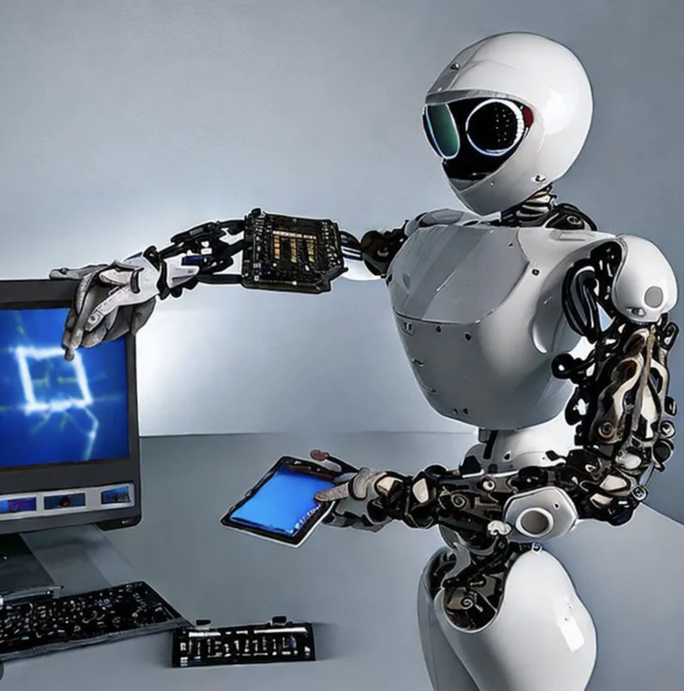 A humanoid robot with a white body and black mechanical limbs interacting with computer equipment, including a monitor, tablet, and keyboard, in a technology lab.