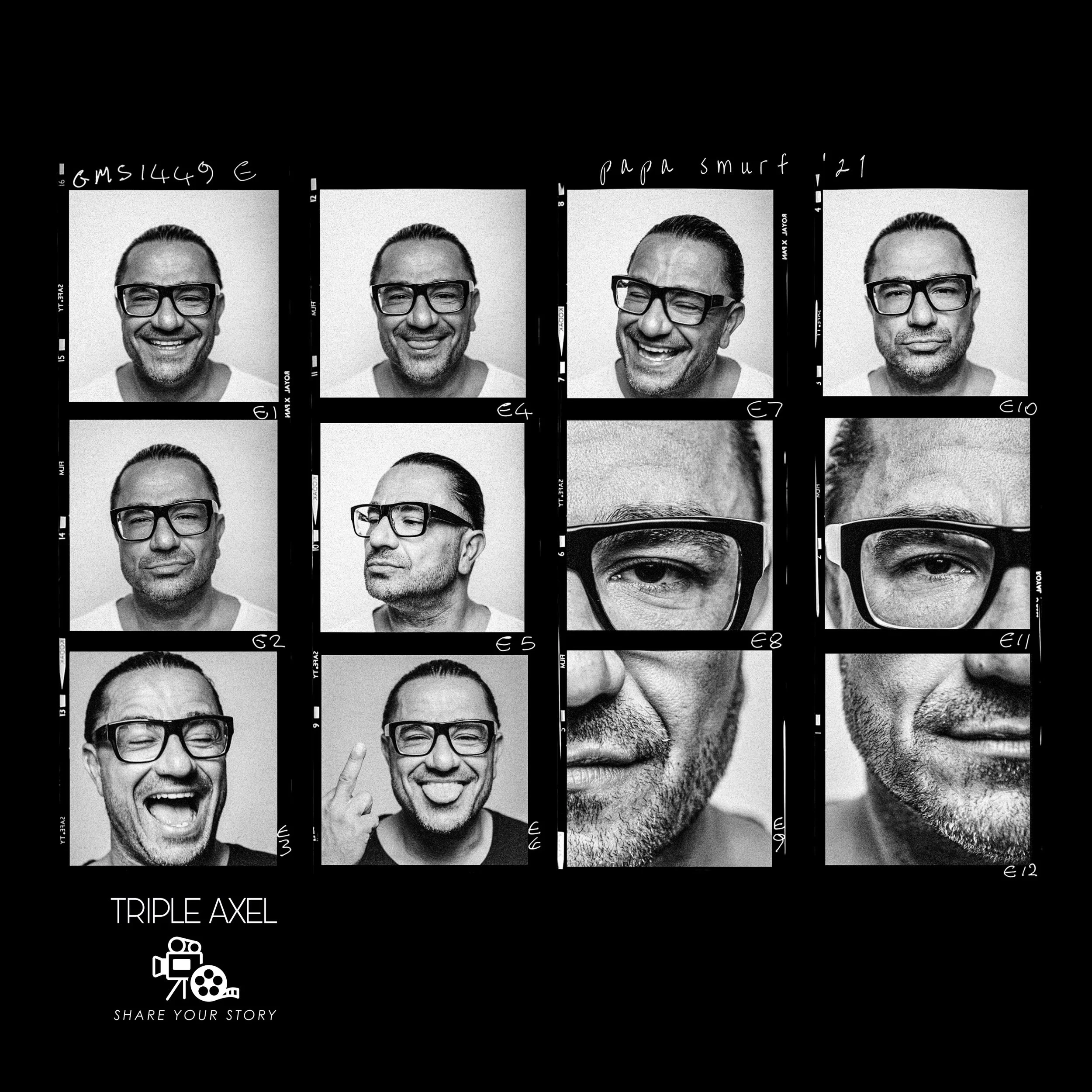 Black and white contact sheet of multiple photographs of a smiling man with glasses, showing different facial expressions and angles, with text layers including handwritten notes and a film icon at the bottom.