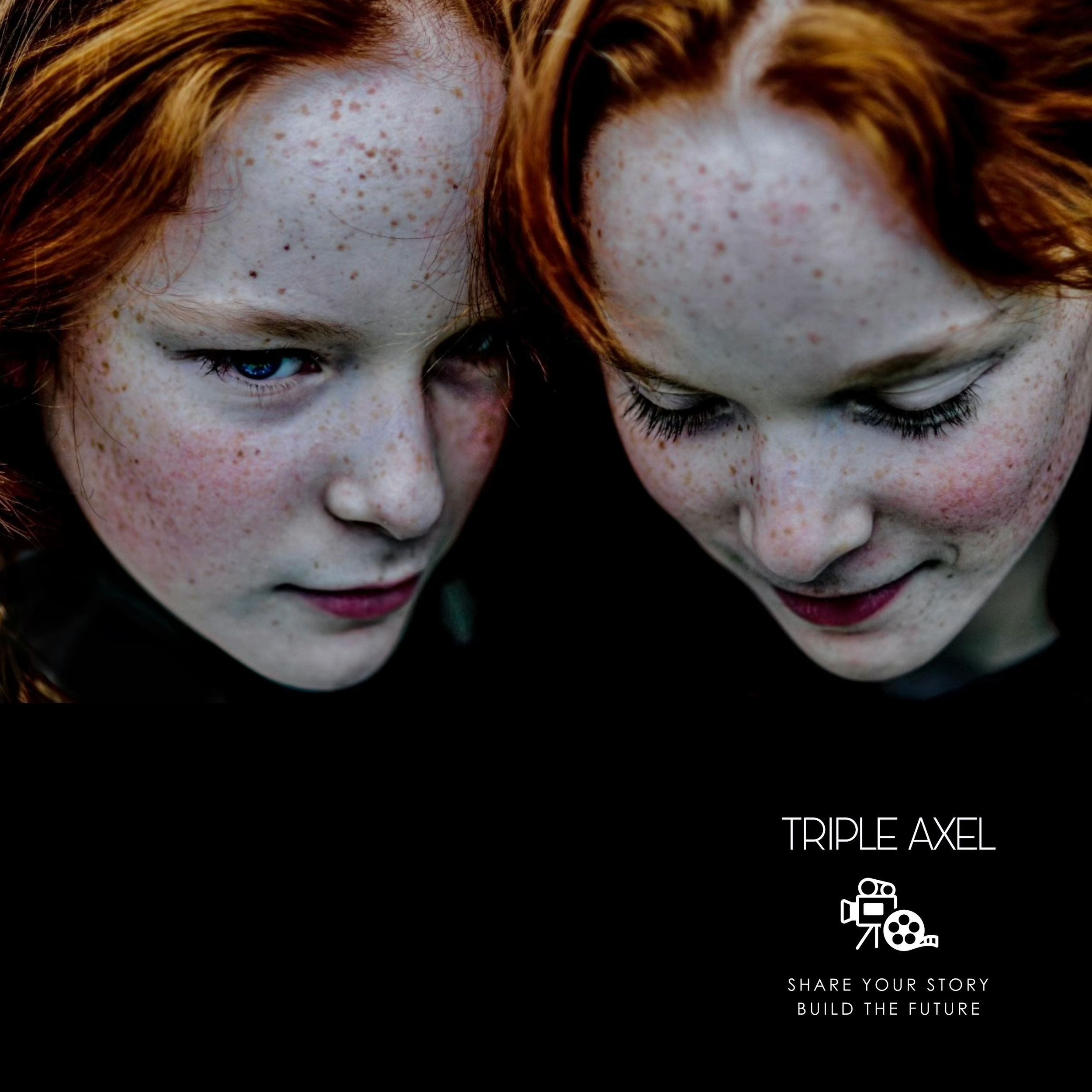 Close-up of a person with red hair and freckles looking down with eyes partially closed, against a black background with white text and icons.
