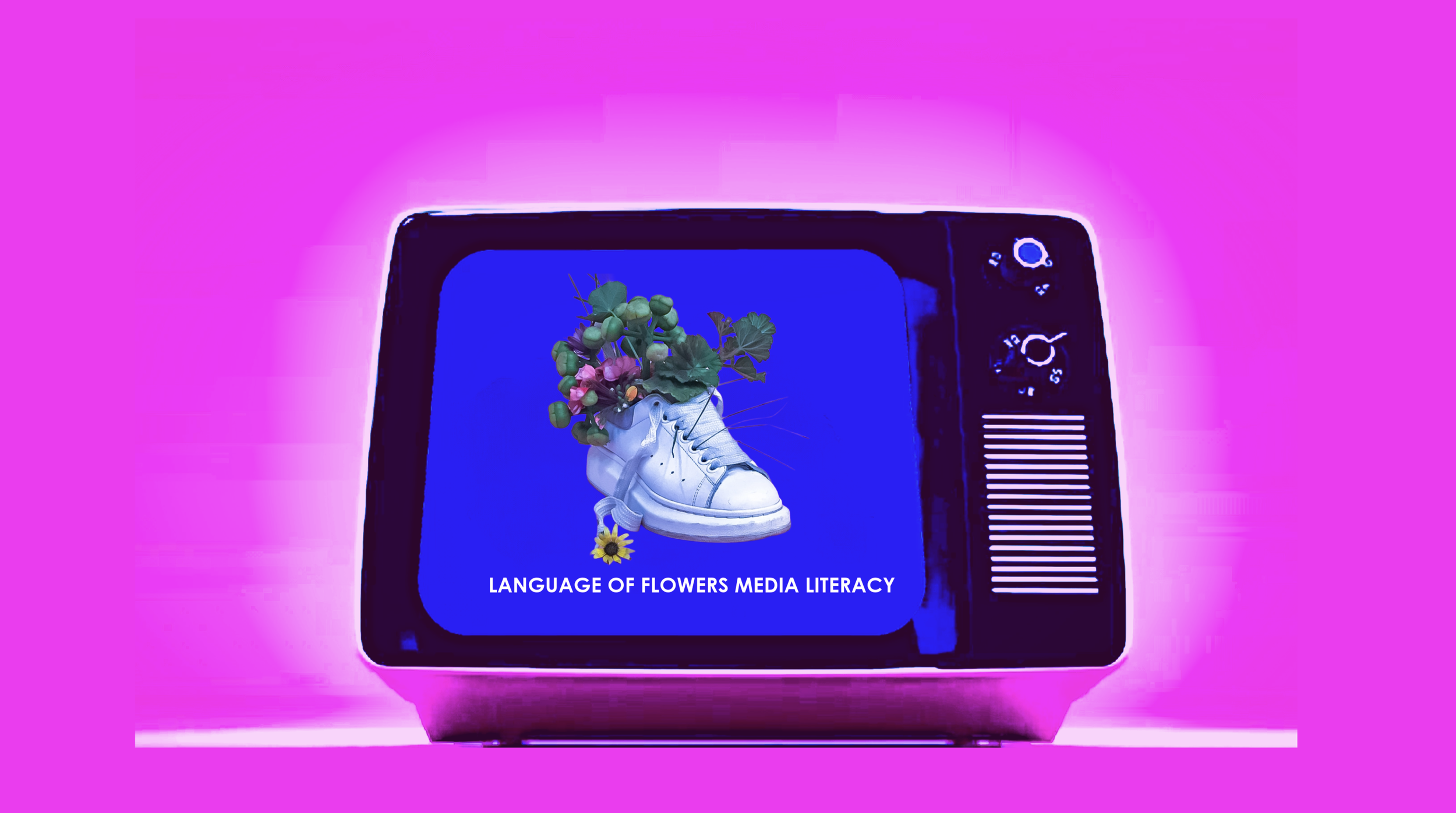A vintage television displaying an image of a sneaker with flowers growing out of it, and the caption "Language of Flowers Media Literacy" against a pink background.