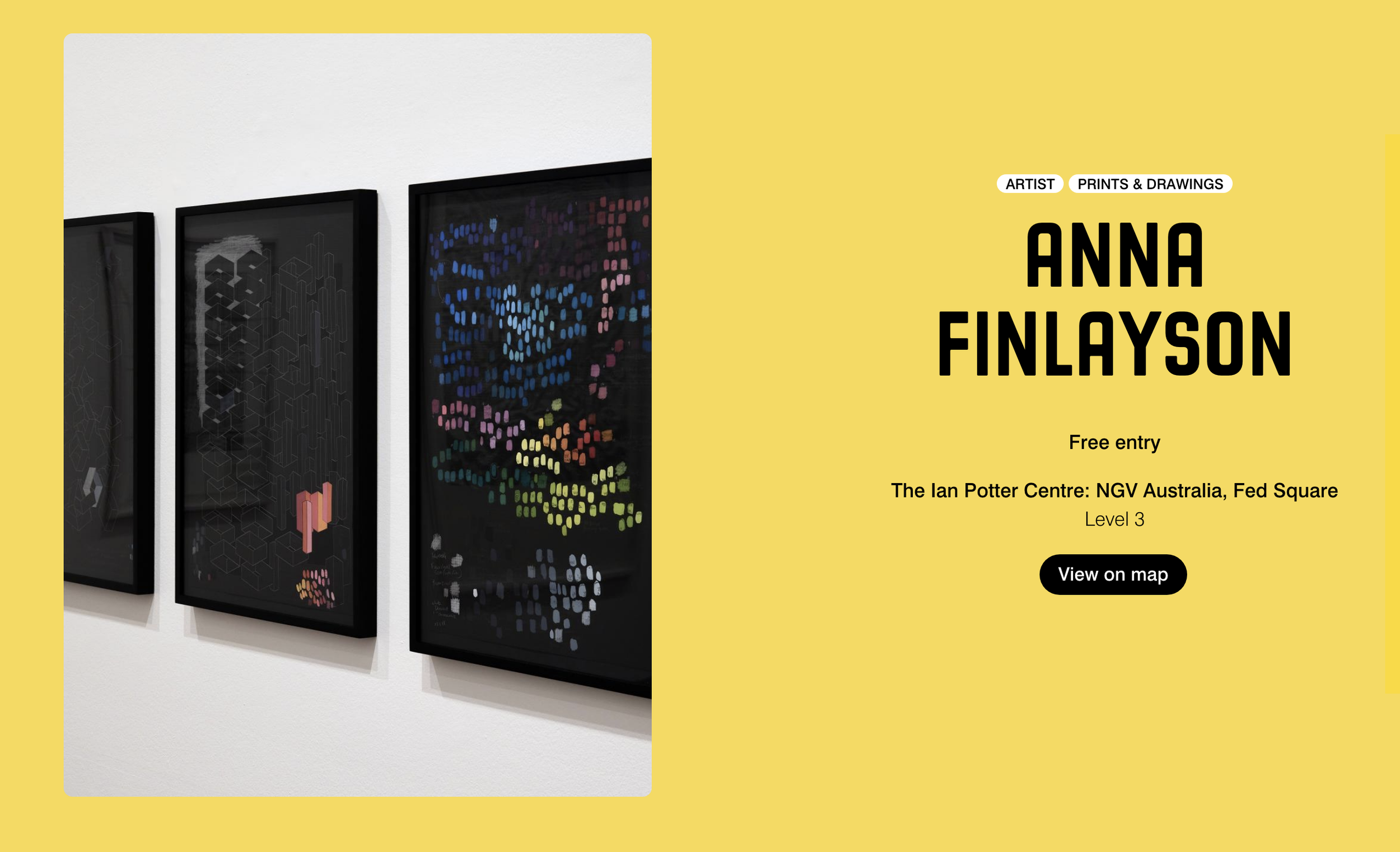 Three framed digital art pieces displayed on a white gallery wall, featuring geometric and pixelated colorful abstract designs.