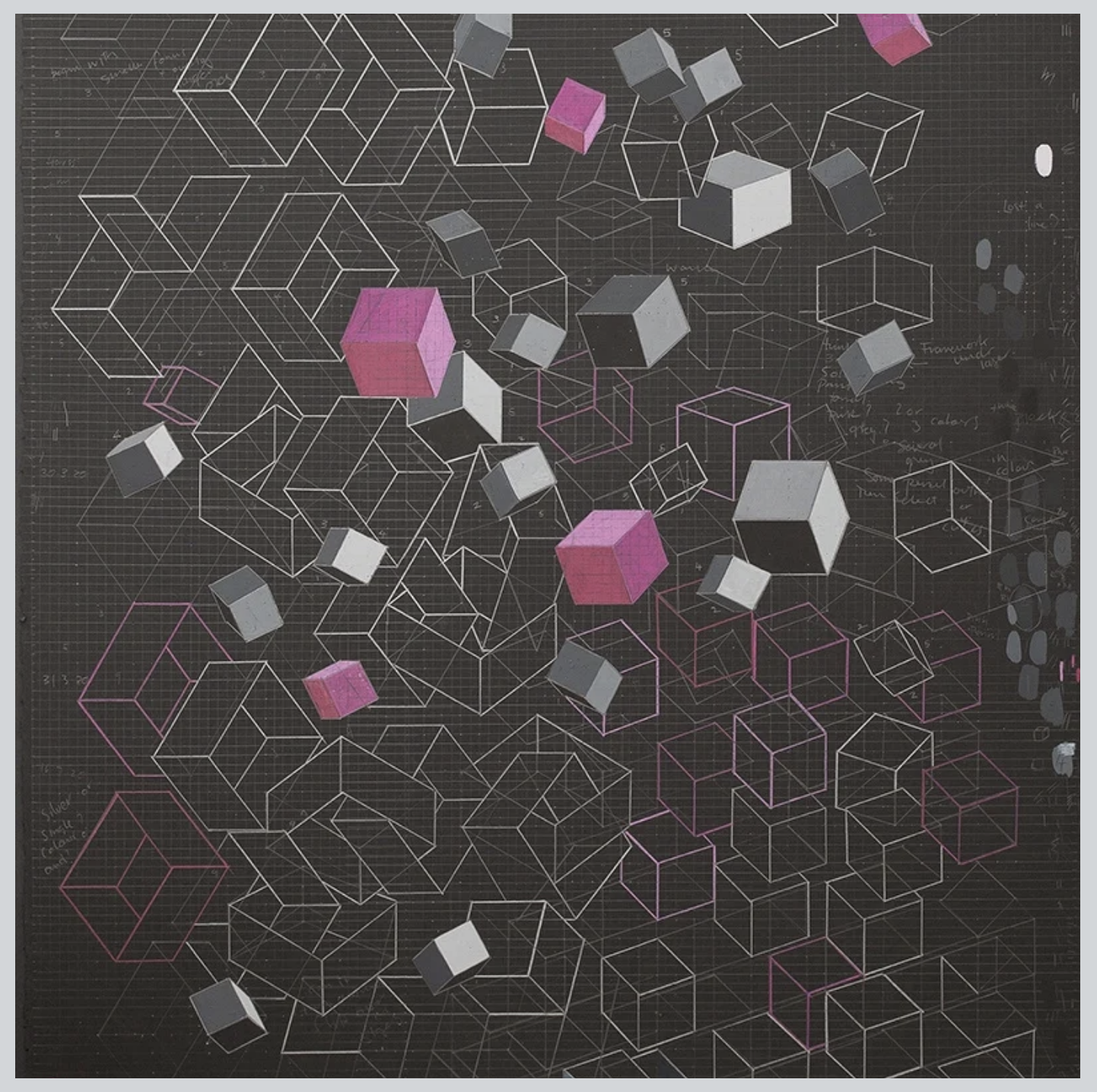 A black graph paper background with white, gray, and pink 3D cubes and wireframe cubes floating and interconnected in a geometric pattern.