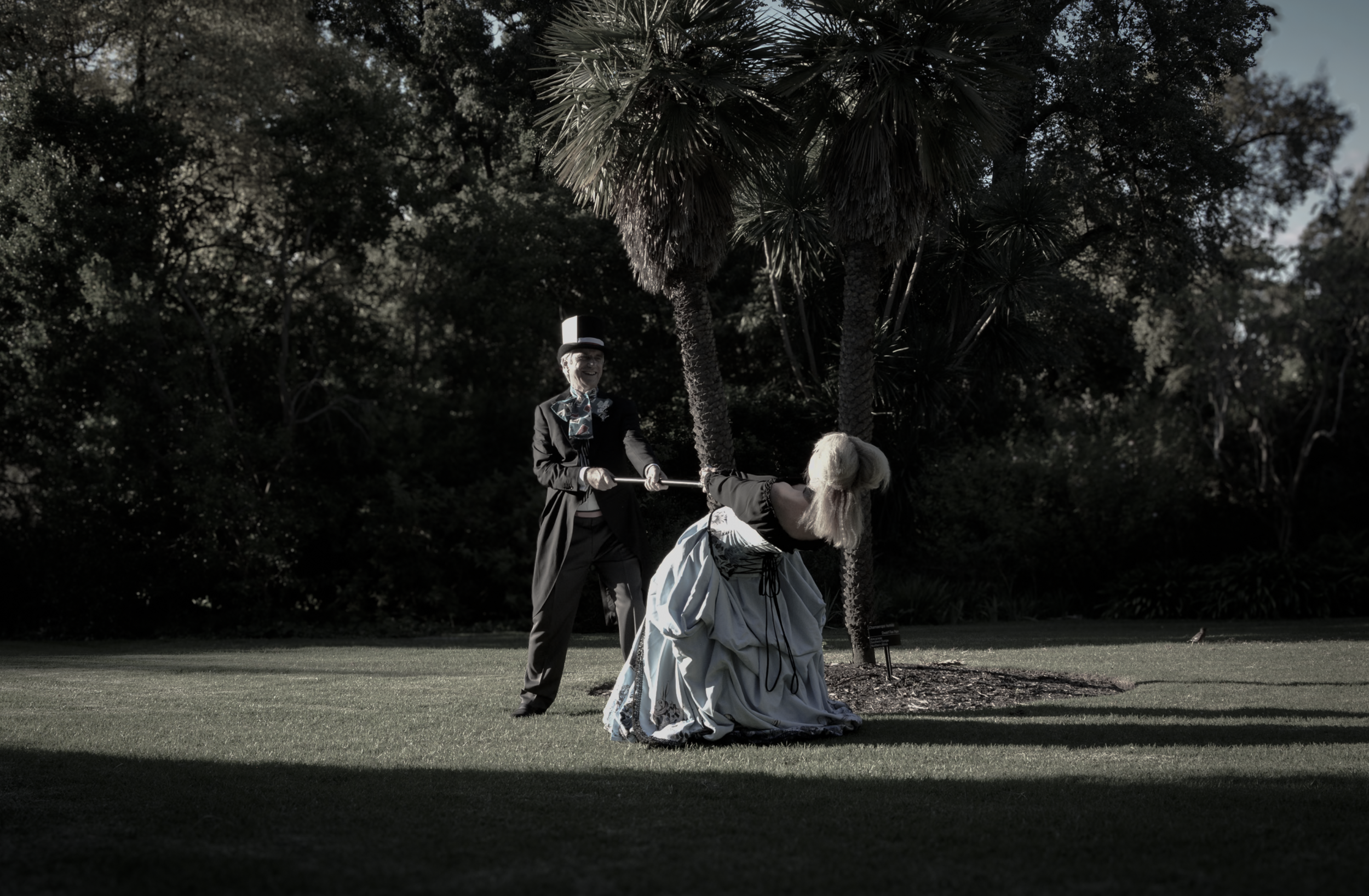 A historical reenactment scene of a man and woman in vintage clothing dancing outdoors under trees, with the man holding the woman's hand and she dressed in a long ball gown.