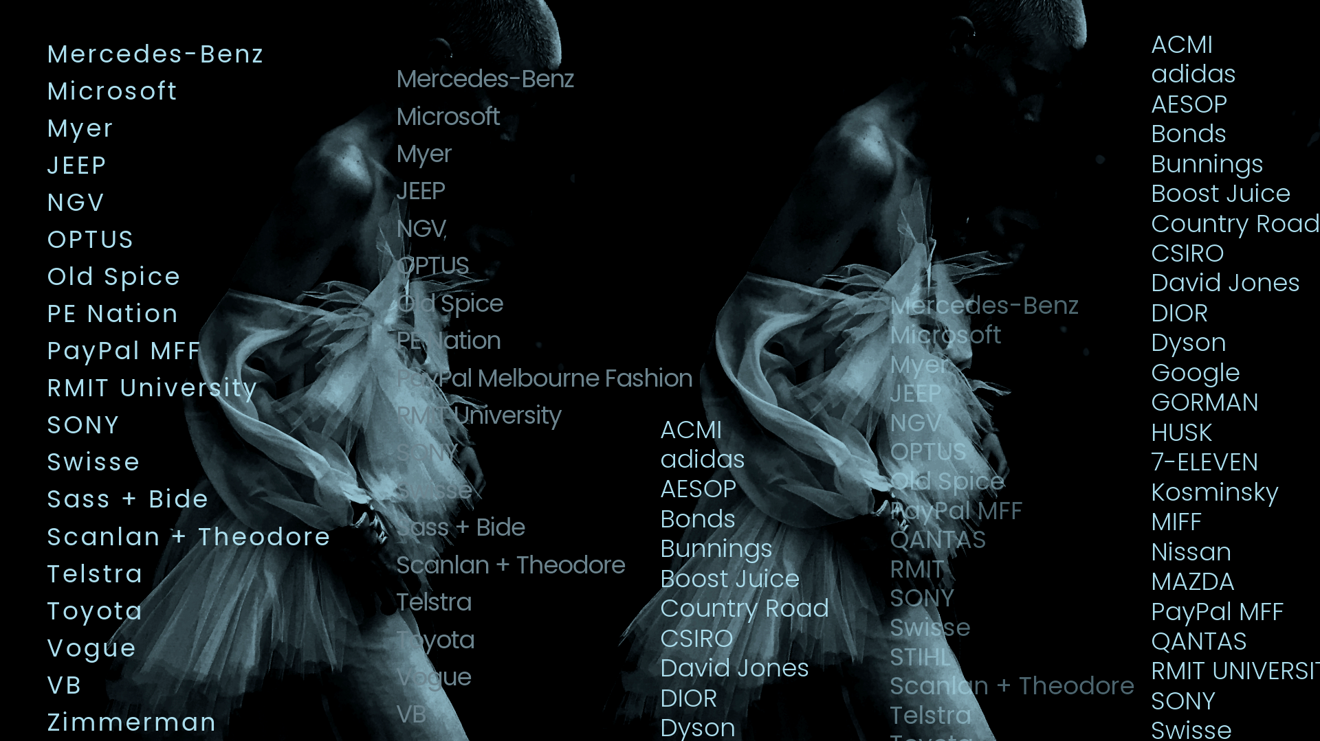 An abstract digital art image featuring a male figure in a flowing, semi-transparent shirt, with a dark background. Overlaid are three columns of light blue text listing various brand names, companies, and institutions.