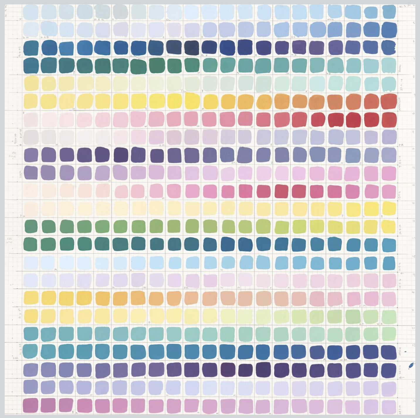 A chart of watercolor color swatches arranged in rows, displaying a spectrum of shades including blues, greens, yellows, pinks, purples, and oranges.