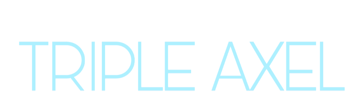 Logo with the text 'TRIPLE AXEL' in light blue font on a black background.