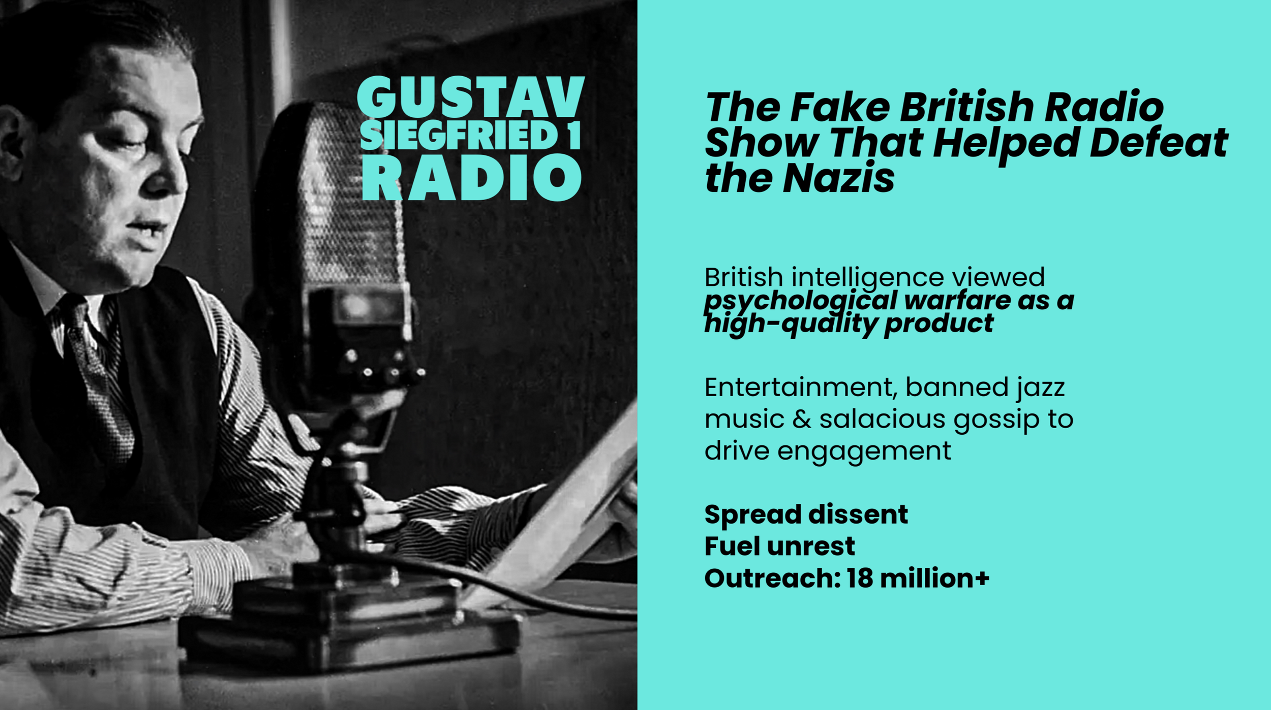 A black and white photo of Gustav Siegfried at a microphone in a recording studio, with a bright blue background on the right side containing text about his radio show and its impact.