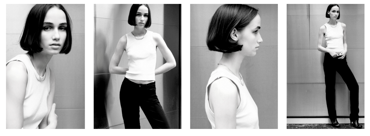Series of black and white photos of a young woman with short dark hair in various poses, wearing a white sleeveless top and black pants, standing against a wall.