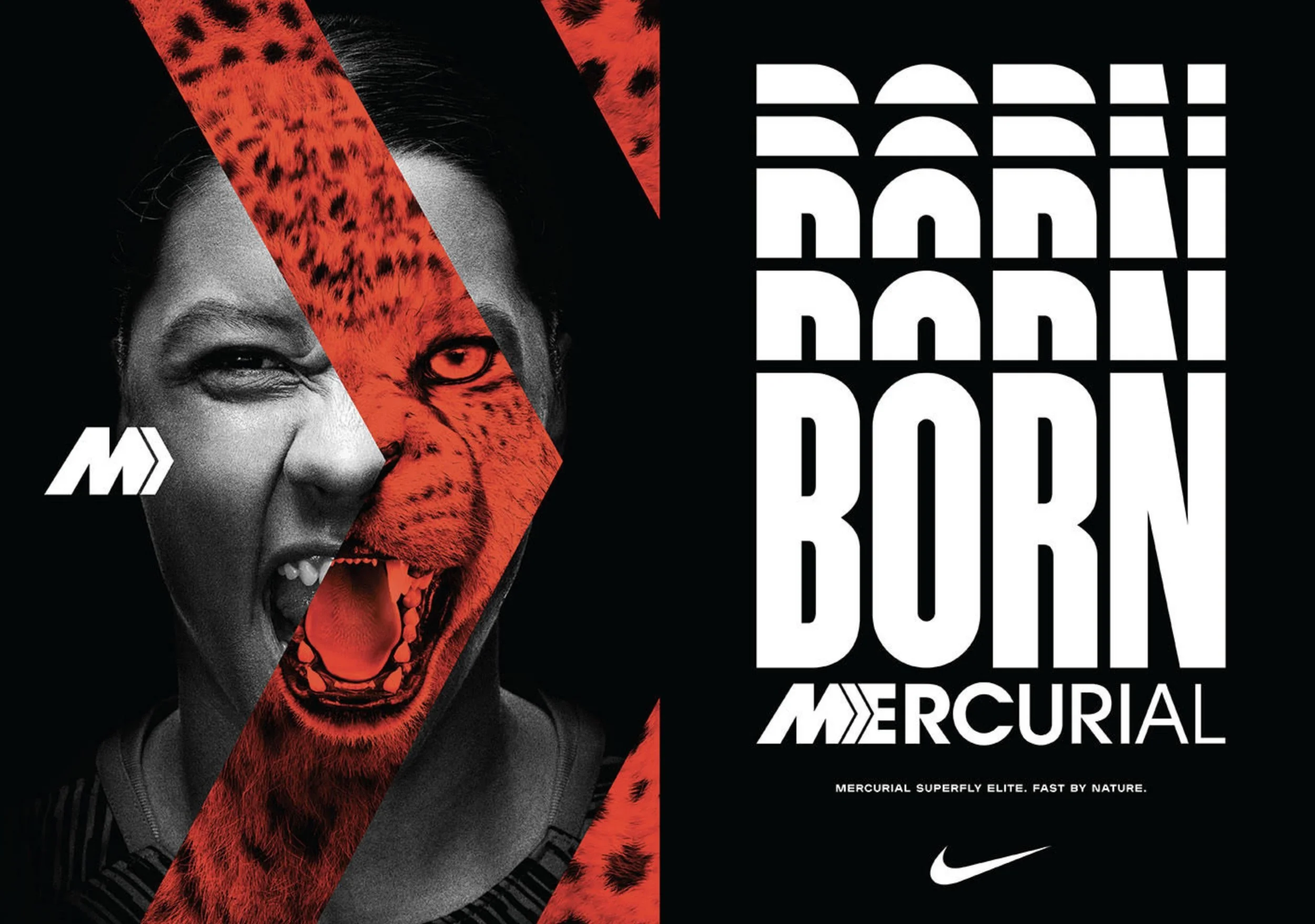 A composite image showing a woman with a fierce expression, one side in black and white, and the other side with a tiger's face in color overlay. Bold text reads: "Born Born Born" and the Nike logo is at the bottom.