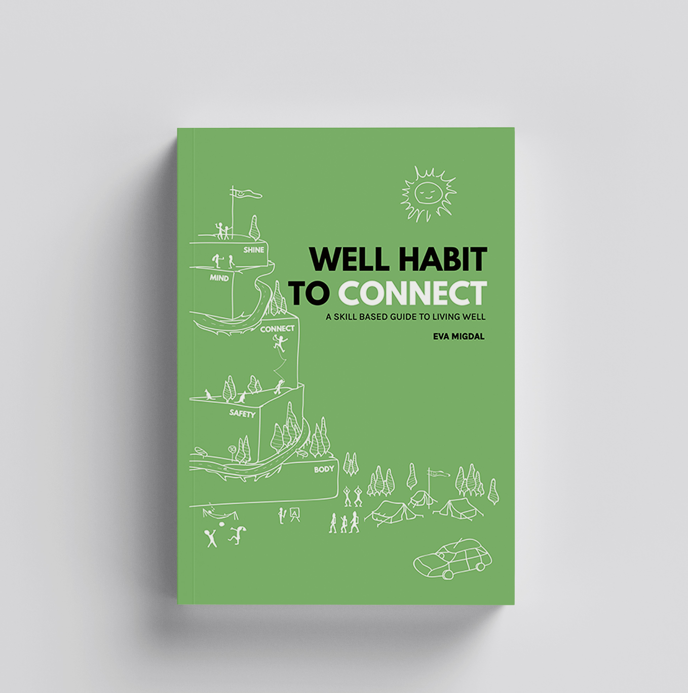Green book titled "Well Habit to Connect: A Skill Based Guide to Living Well" by Eva Migdal, with white line drawings of a camping scene, trees, tents, and people, including a sun icon.