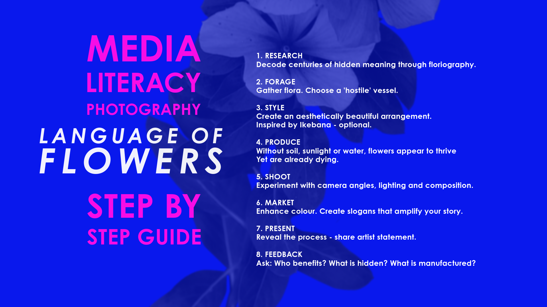 A step-by-step guide titled 'Language of Flowers' with directions on researching, foraging, styling, producing, shooting, marketing, presenting, and providing feedback for flower photography, set against a blue background with a faint flower illustration.