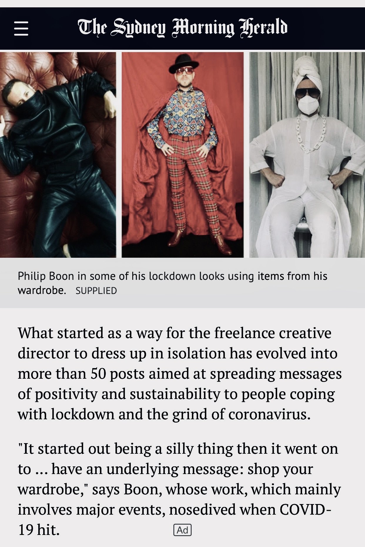 Three photos of Philip Boon in costume, wearing different outfits from his wardrobe, with a caption highlighting his lockdown looks and creative fashion choices.
