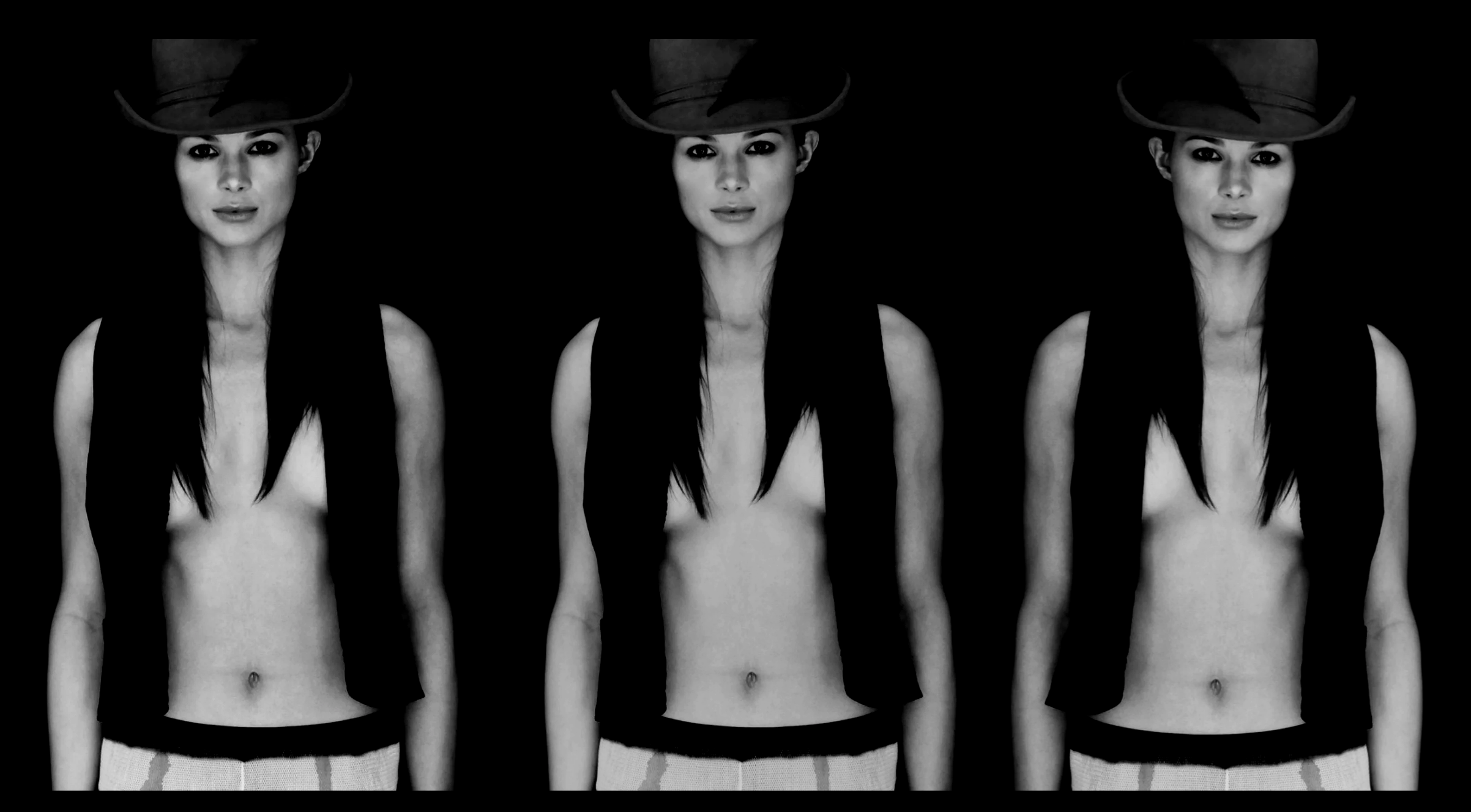 A black and white triptych photo of a topless woman with long hair and a wide-brimmed hat, standing against a dark background.