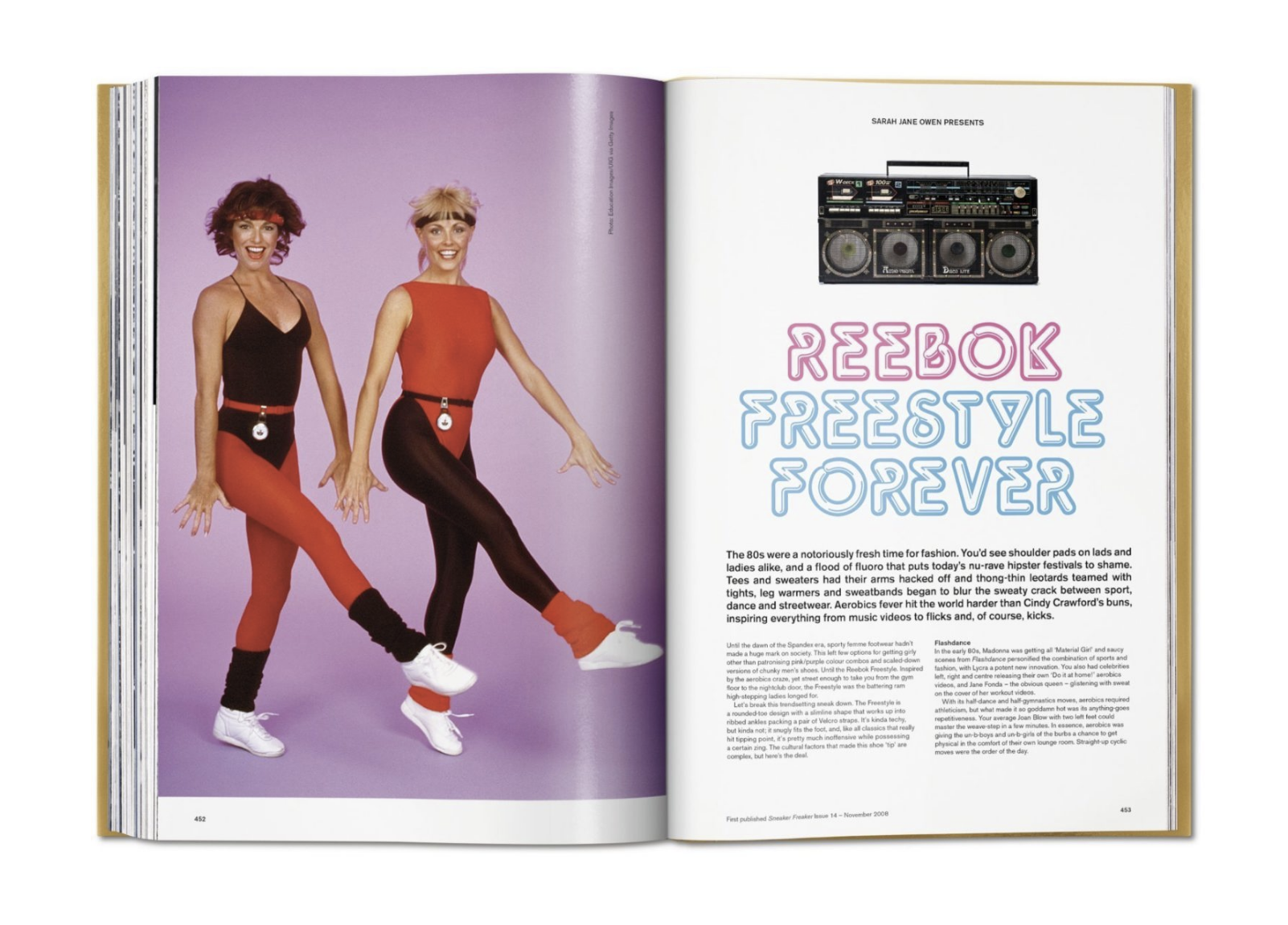 Open magazine spread featuring a 1980s fashion photo of two women in colorful workout outfits with a pink background on the left page, and on the right page, a retro boombox, stylized text reading "Reebok Freestyle Forever," and magazine article text.