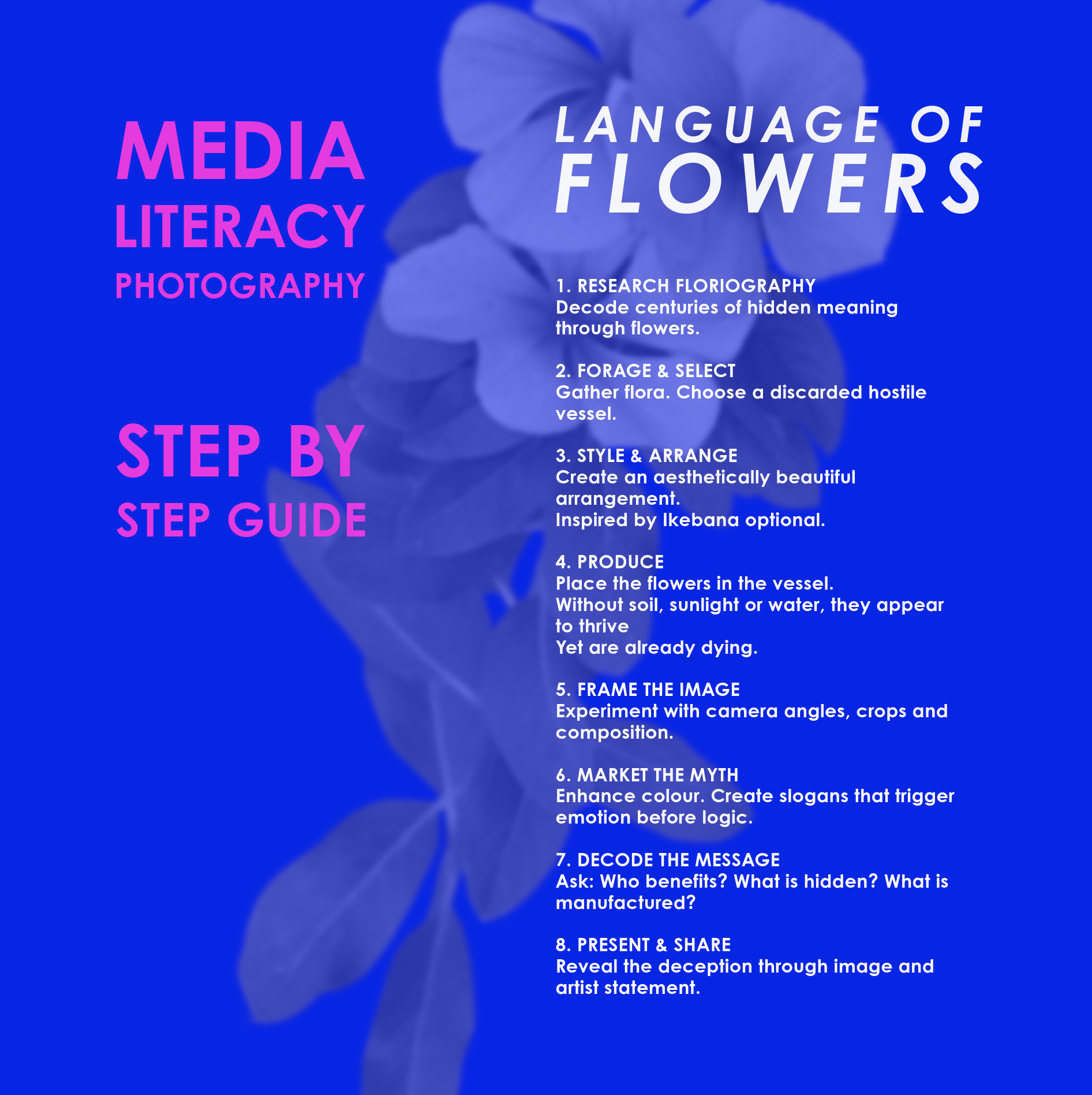 MEDIA LITERACY PROGRAM media literacy can decode the language of flowers, with steps including research florography, gather and select flora, style and arrange, produce, market