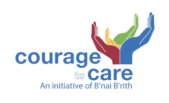 Logo for Courage to Care initiative with stylized hands in red, yellow, green, and blue above the text