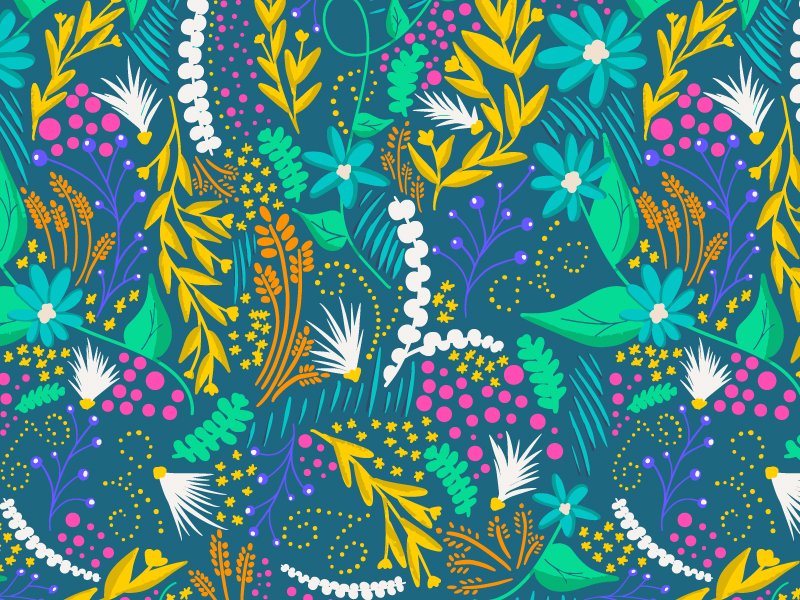 Bright floral pattern with blue, green, yellow, pink, and white flowers, leaves, and decorative element clusters on a dark background.