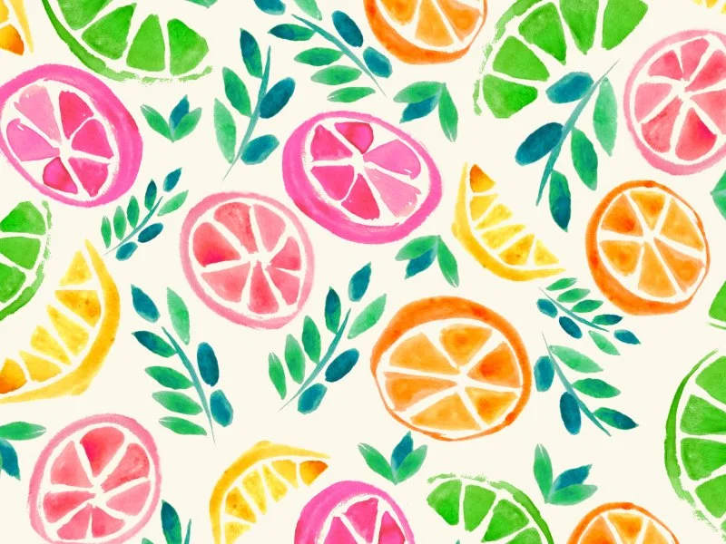 Bright watercolor pattern of sliced citrus fruits including lemon, orange, grapefruit, and lime, with green leaves scattered throughout.