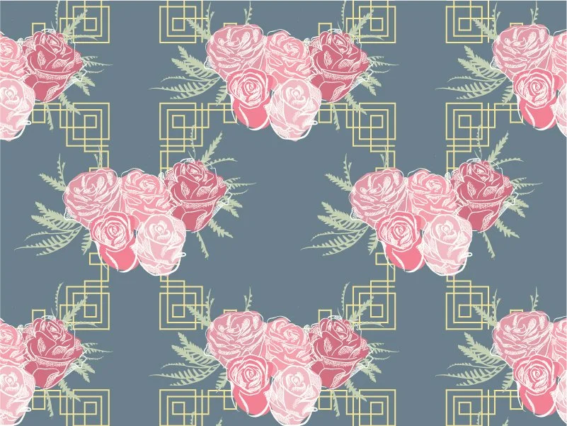 Repeating pattern of pink rose bouquets with green leaves and geometric gold squares on a blue background.