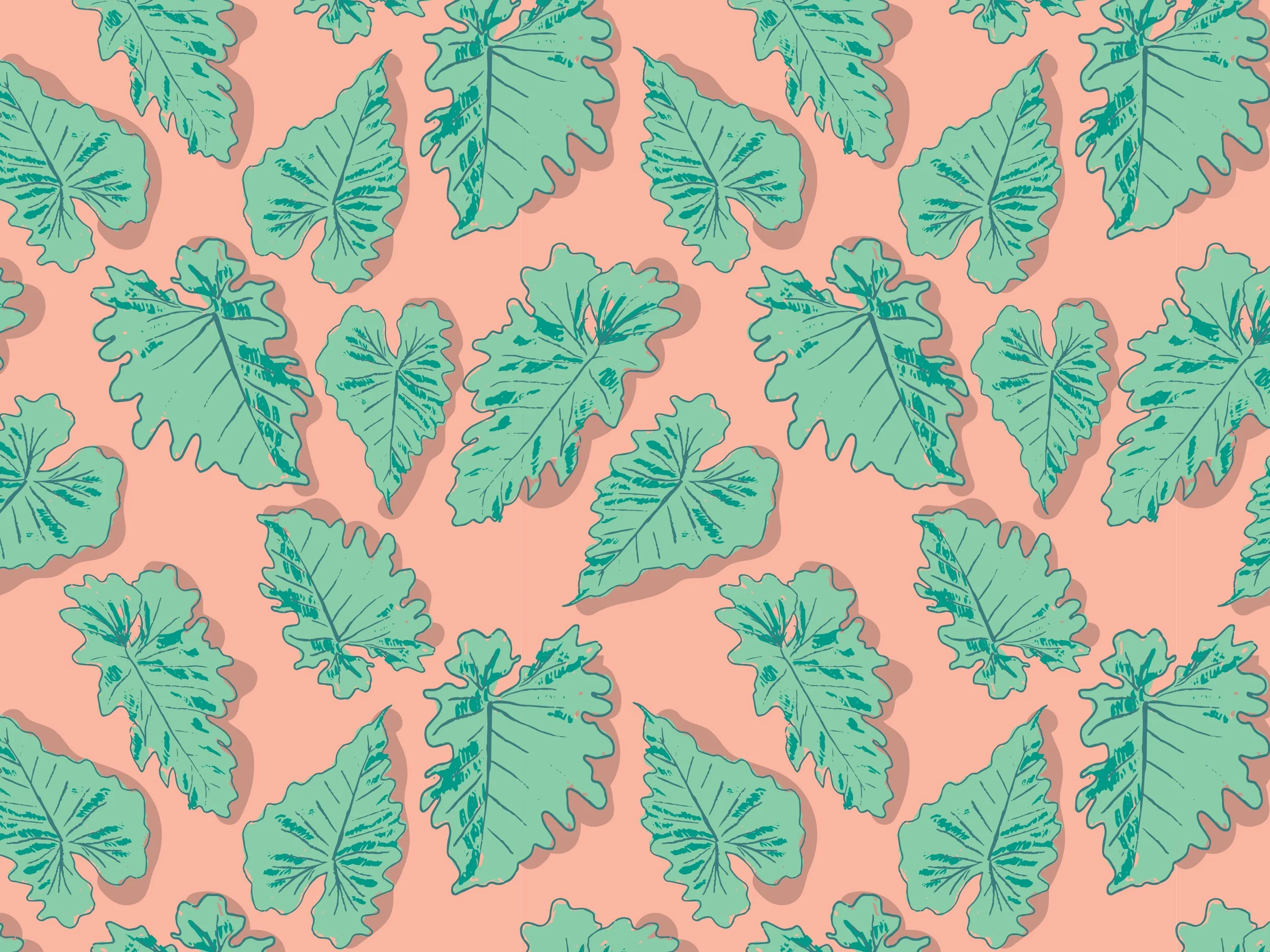 Pattern of green leaves on a pink background