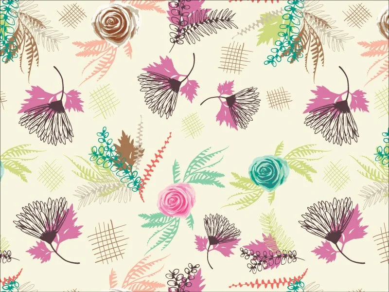 Pattern with pink and teal roses, purple and pink flowers, colorful leaves, and hummingbirds on a beige background.
