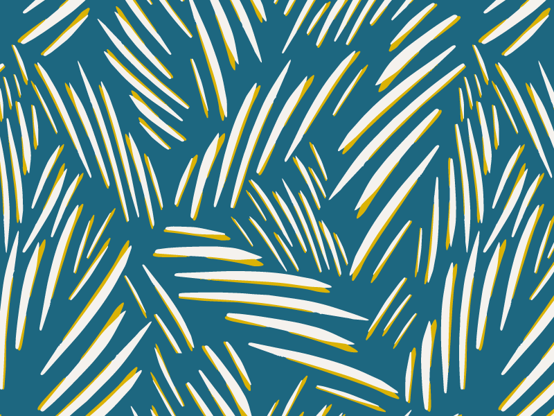 Pattern of white and gold palm leaves on a dark teal background.