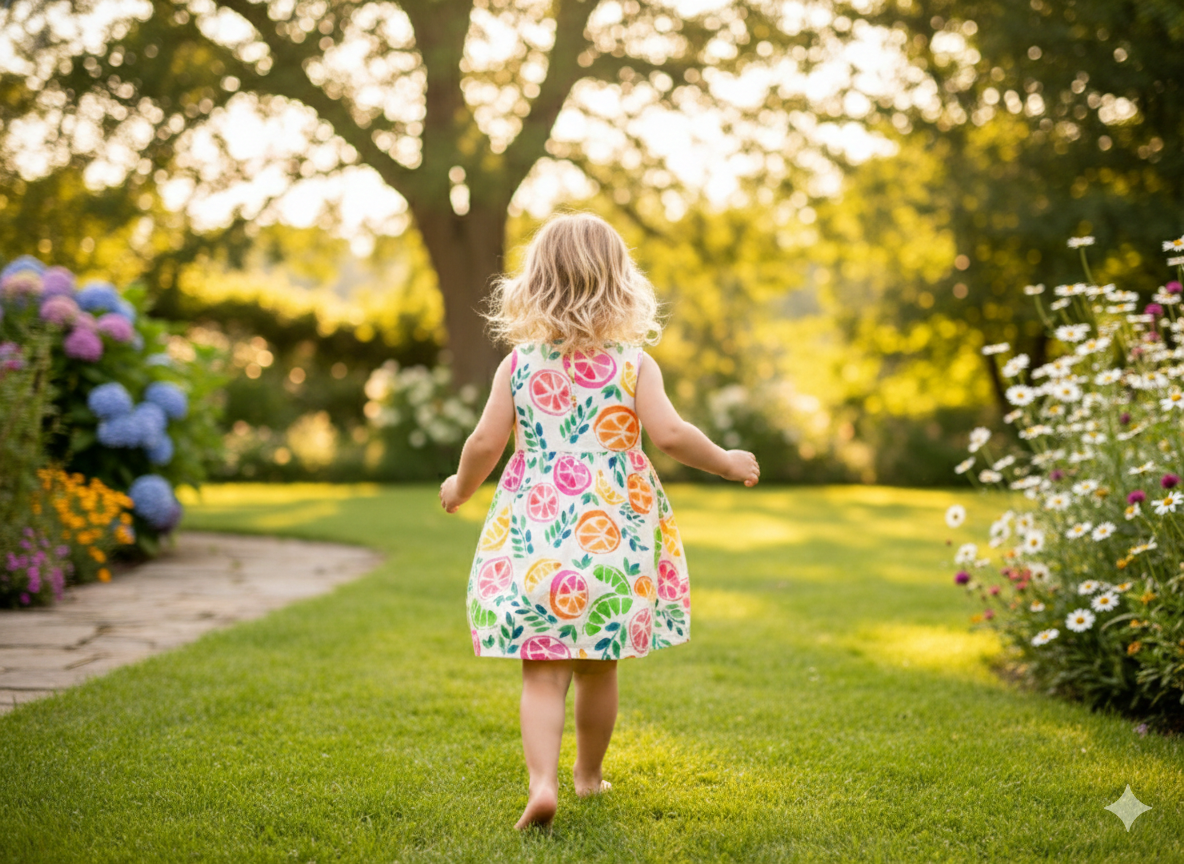 A young girl with blonde, curly hair walking barefoot on a grassy path surrounded by colorful flowers on a sunny day.
