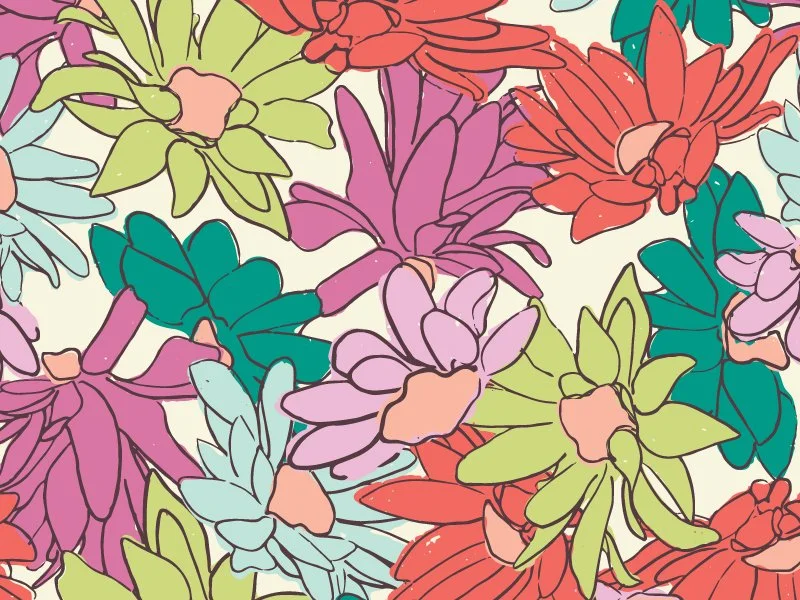 Colorful abstract floral pattern with stylized flowers and leaves in pink, purple, red, green, and teal on a cream background.