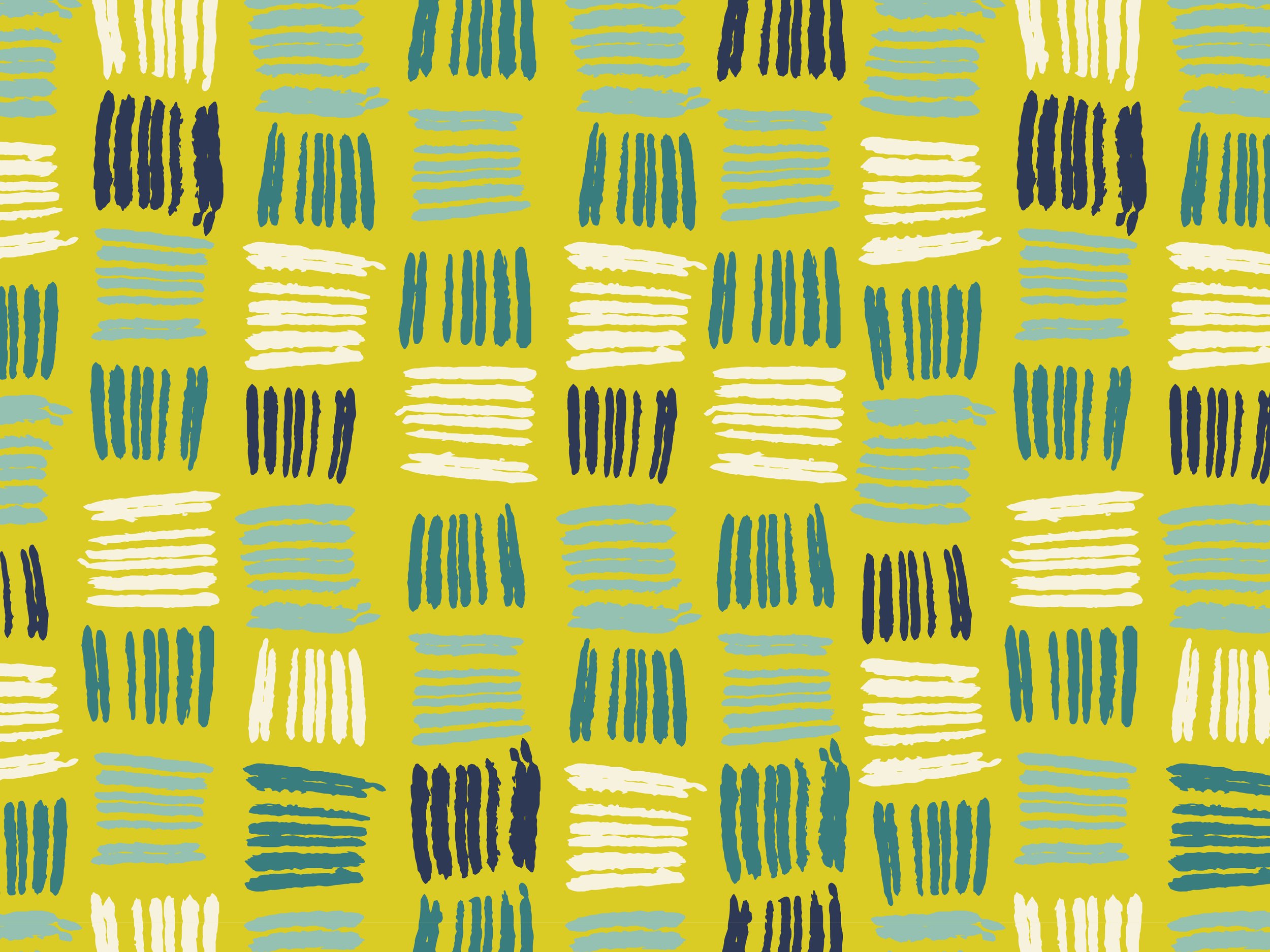 Pattern of abstract, irregular horizontal lines in blue, white, and teal on a yellow background.