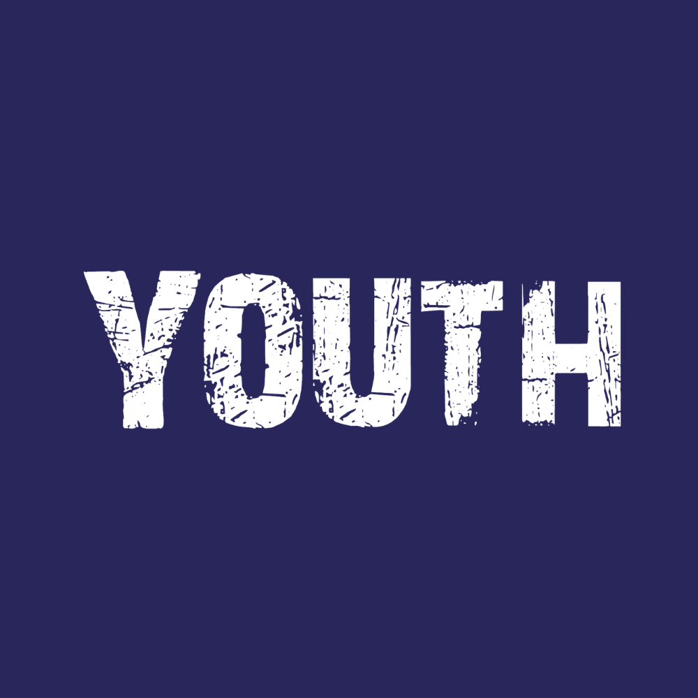 Text that reads 'YOUTH' in a distressed font on a dark blue background.
