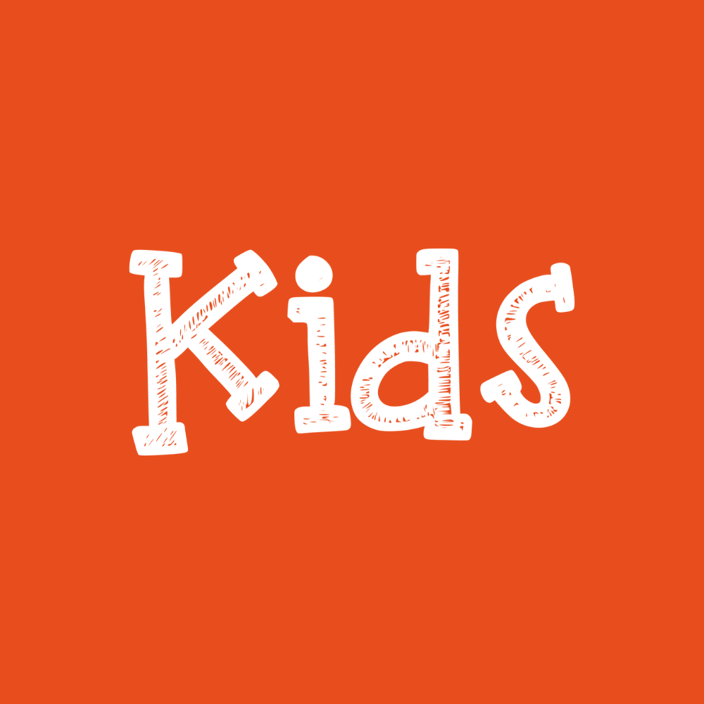 The word 'Kids' written in white, textured, playful lettering against an orange background.