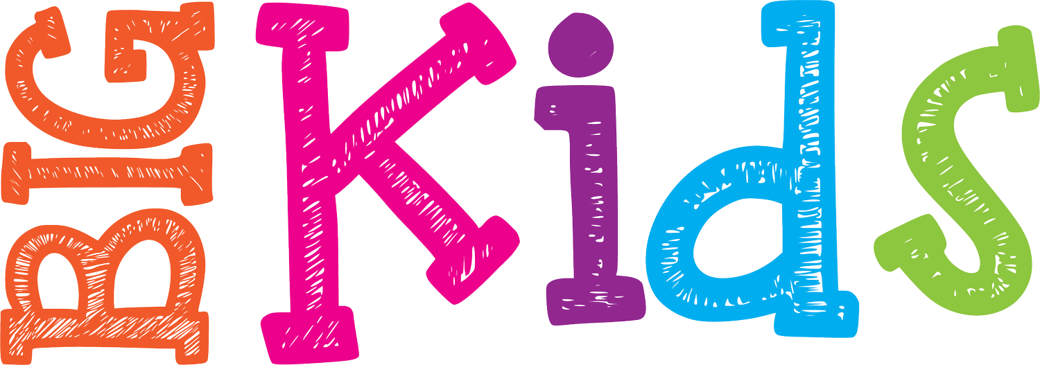 Colorful, hand-drawn text spelling "Kids" in orange, pink, purple, blue, and green.