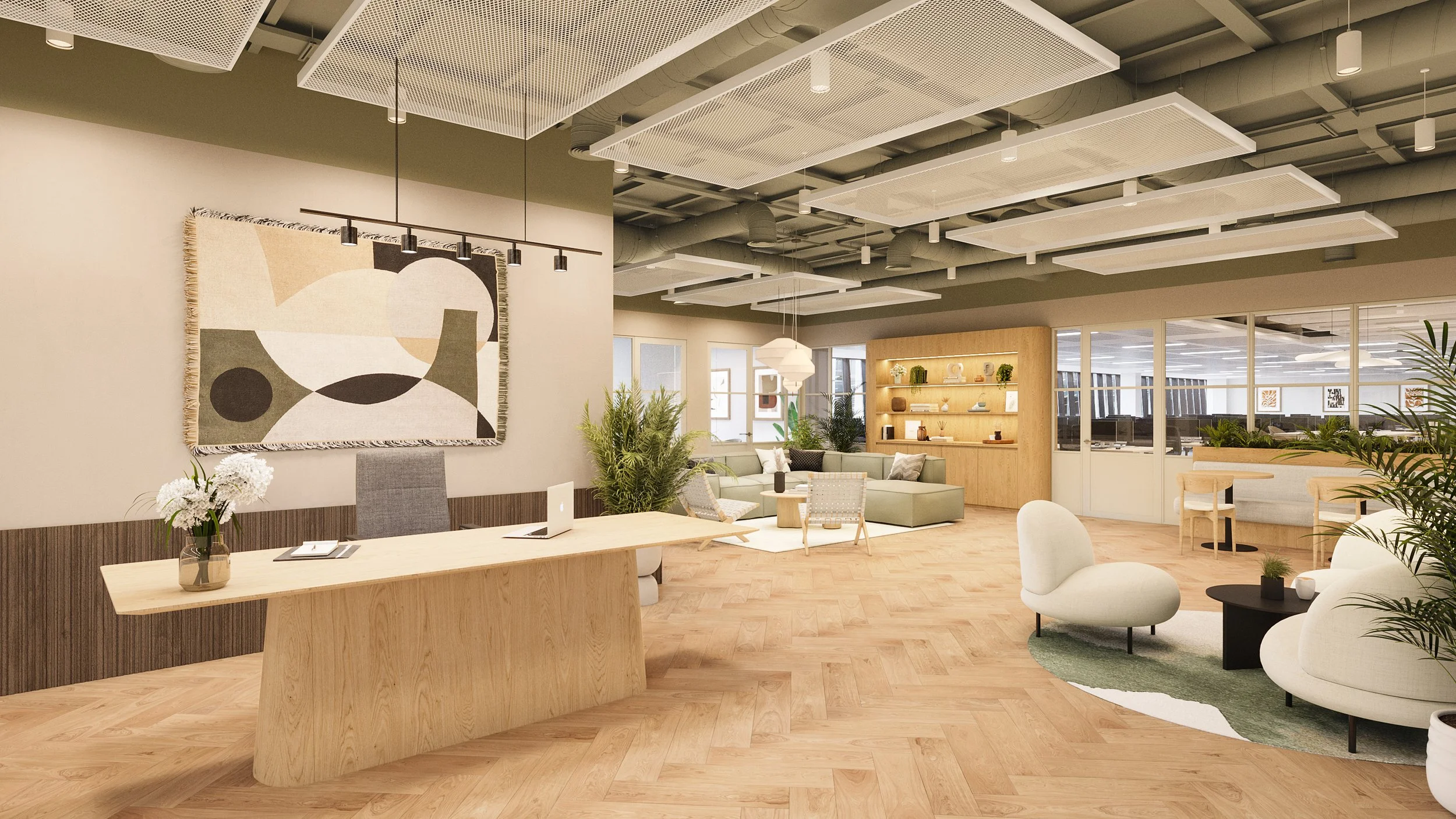 Modern office lounge with a reception desk, abstract wall art, seating area with white and green chairs, wooden shelves with plants and decor, and large windows letting in natural light.