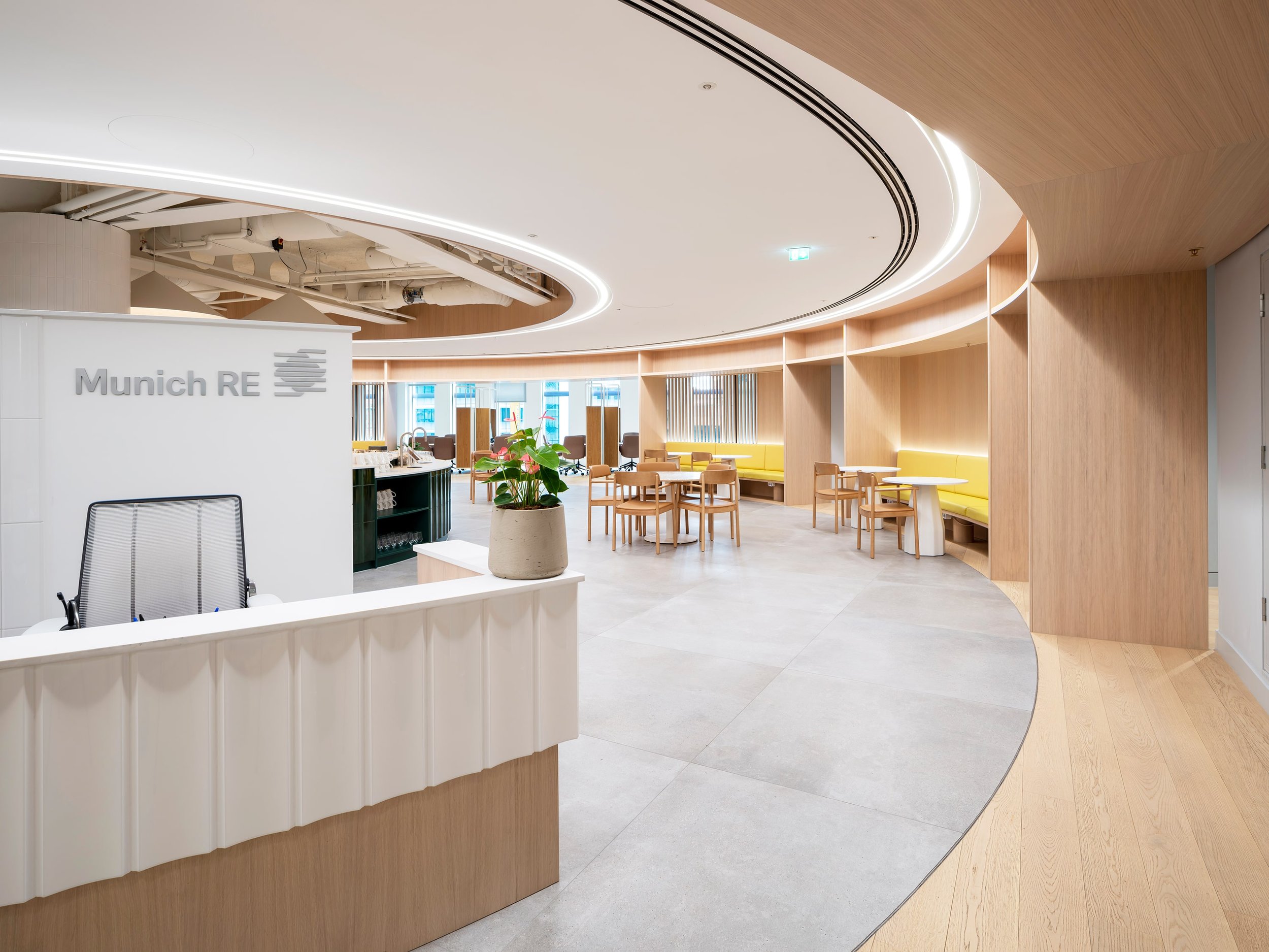 Modern reception area with a white front desk, potted plant, wooden and yellow seating, circular layout, and large windows.
