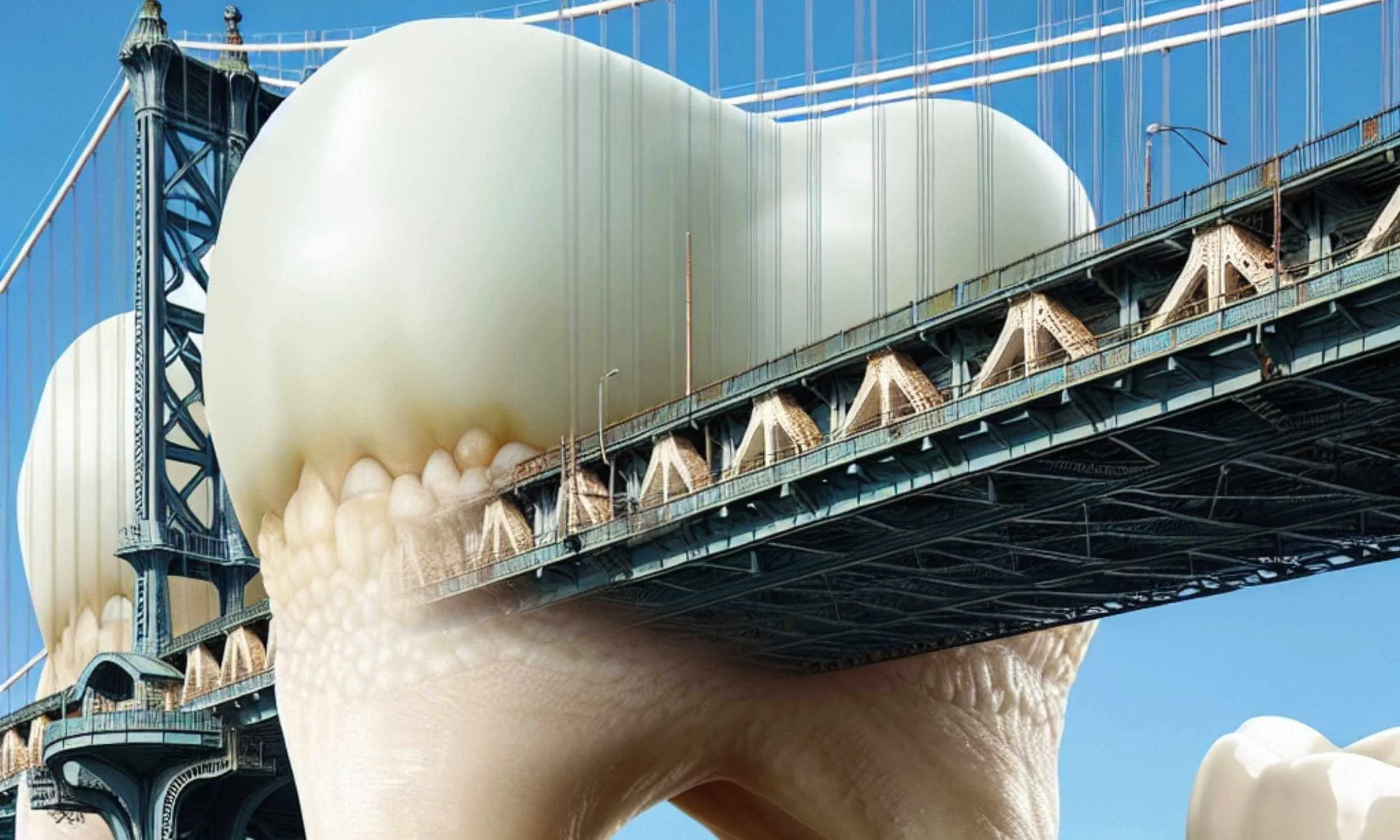 queensboro bridge skyline in NYC with a tooth in the middle of it.