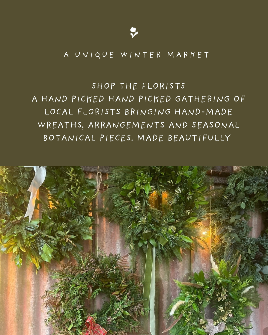 Display of green wreaths and arrangements at a winter market with a sign describing the event.