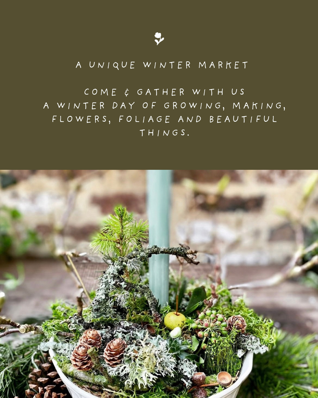 Decorative plant arrangement with pinecones, moss, small plants, and an apple in a white container, with a sign promoting a winter market for growing, making, flowers, and foliage.
