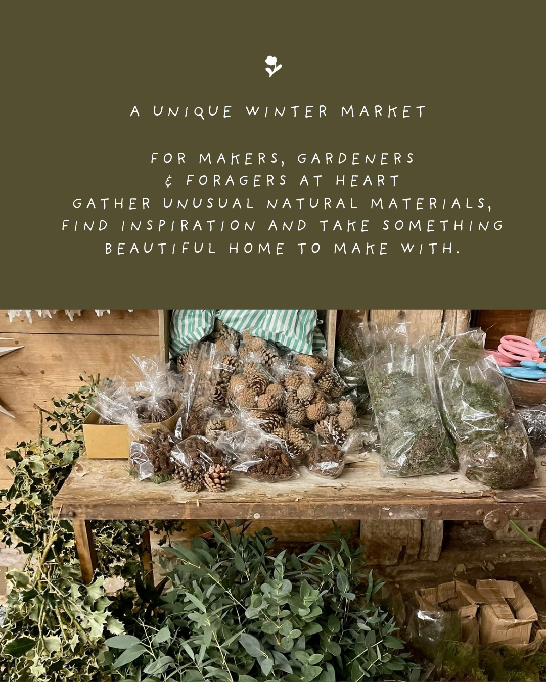 A table with various natural materials such as pinecones, branches, and greenery, for a winter market for makers, gardeners, and foragers.