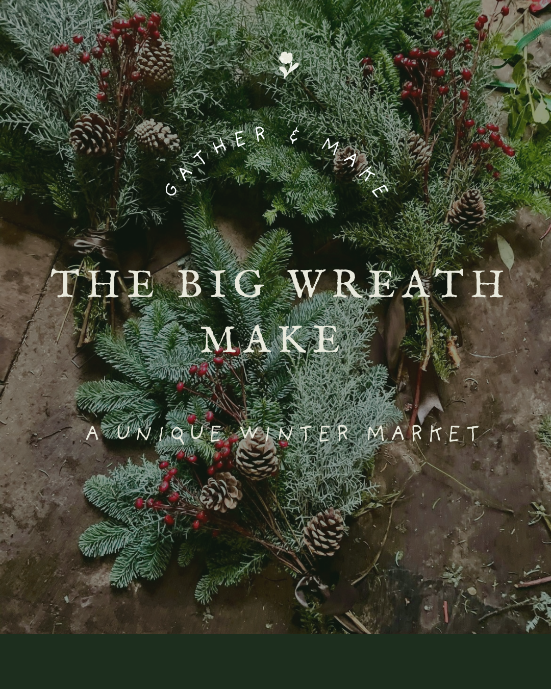 A decorative winter wreath made of pine branches, pinecones, and red berries, with overlaid text about a winter market.