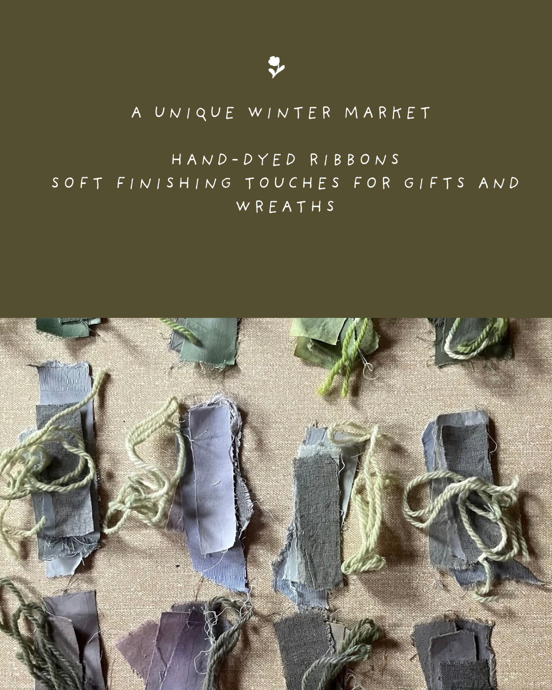 Display of handmade, hand-dyed ribbons with soft finishing touches for gifts and wreaths, arranged on a fabric background.